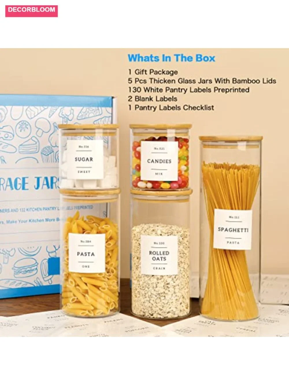 5 Pcs Glass Food Storage Containers With 132 Pantry Labels Preprinted